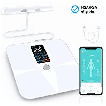 Smart BMI Scale™ on a blank background with app UI showing body composition metrics and tracking features