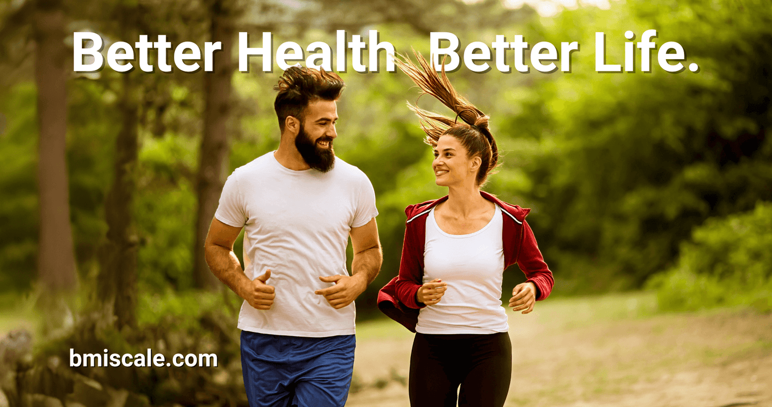 Couple jogging in the woods promoting better health and fitness with Smart BMI Scale™ from bmiscale.com