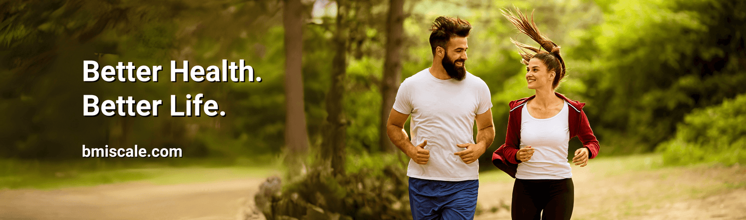 Couple jogging in the woods promoting better health and fitness with Smart BMI Scale™ from bmiscale.com